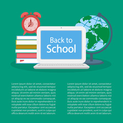 Back to school. Open laptop with text on the screen, pile of books, alarm clock, globe. Design template with text for banner or card. Education Concept. Vector illustration.
