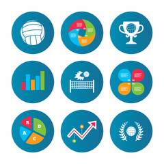 Volleyball and net icons. Winner award cup.