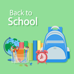 Vector colorful illustration of blue backpack, textbooks, red alarm clock, stationery set, Globe. Back to school text. Bright design for web, site, banner, poster.