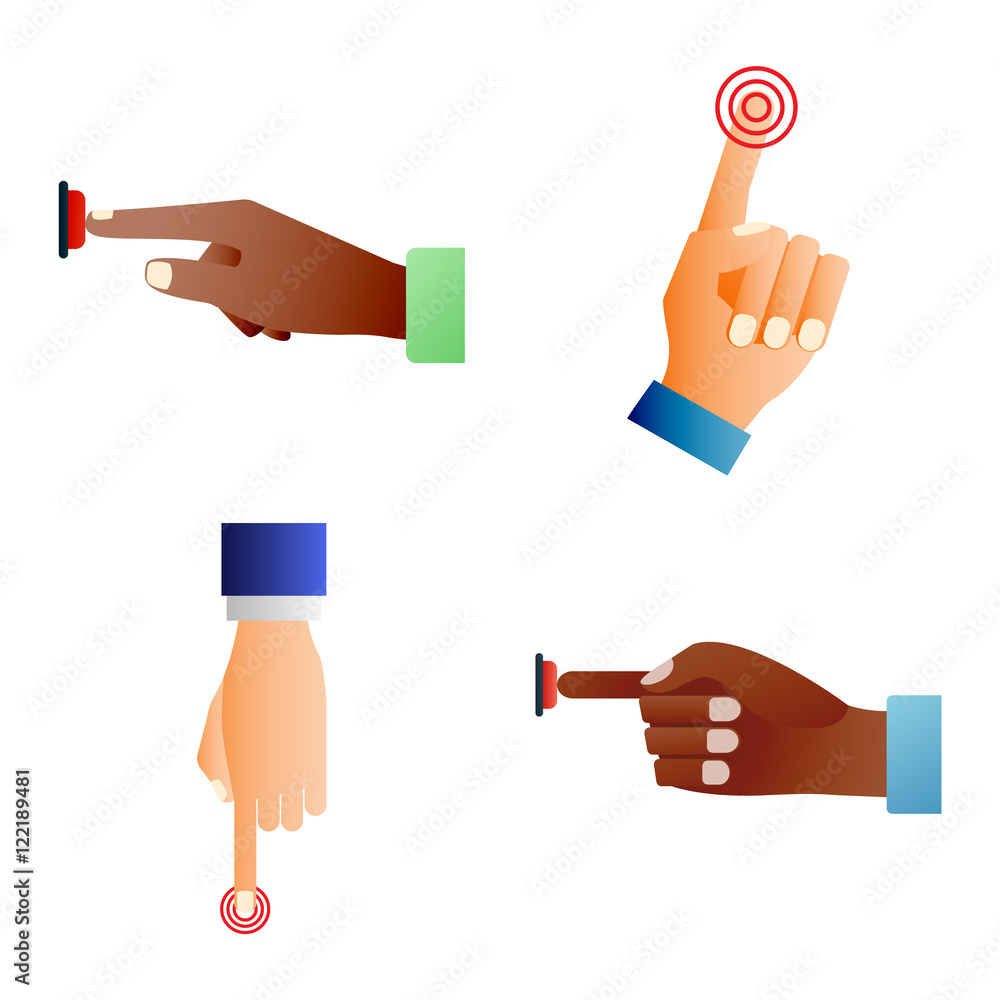 Poster hand press red button finger press icon on white background. finger control start up hands push red 