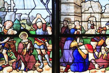 Baie n°46. Saint-Etienne, diacre. Souvenirs de la Passion de Notre-Seigneur. Vitrail du XVIe siècle. Jean Lecuyer. 1535. Chapelle Bonne-Mort, basse nef (côté Sud). Cathédrale Saint-Etienne. Bourges.