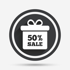 50 percent sale gift box tag sign icon.
