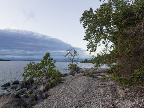 Trees and rocks along shoreline, Lake Winnipeg, Riverton, Hecla
