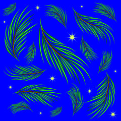 Background made of fir branches and stars. Winter pattern for design in green and blue tones.
