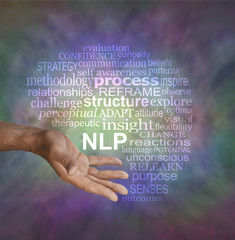 Offering Neuro Linguistic Programming NLP word cloud - male hand in offering gesture position with an NLP word cloud above on a muted multicolored vignette background