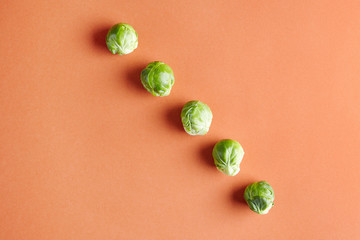 Brussels sprouts on bright orange background. Seasonal vegetables in modern style pattern