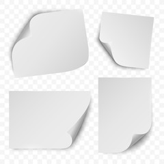 Set of four white paper with curled corners and realistic shadows. Isolated on transparent background. Vector illustration, eps 10.