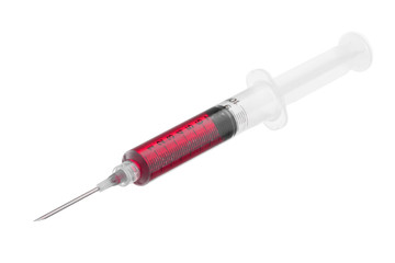 Single use syringe full of blood isolated on pure white