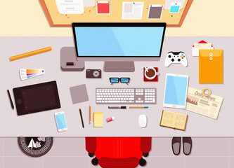 Fototapeta premium Flat Desktop Workspace Scene Top View