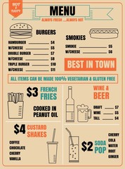 Restaurant menu design elements with chalk drawn food and drink