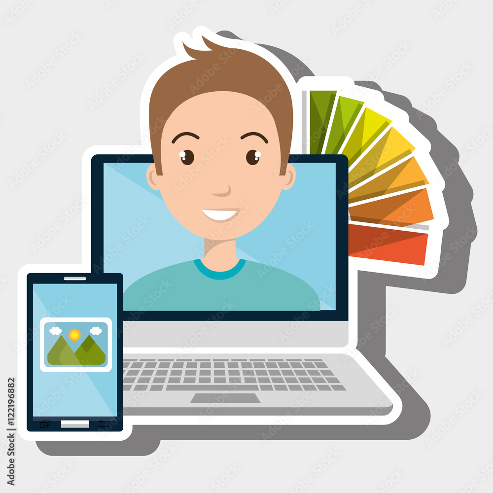 Poster man computer smartphone chart color vector illustration eps 10