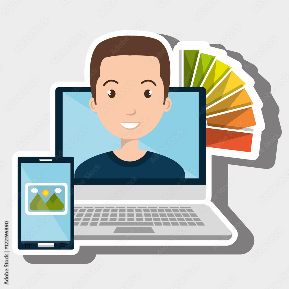 Poster man computer smartphone chart color vector illustration eps 10