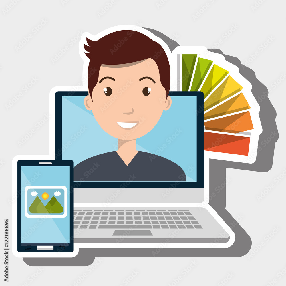 Poster man computer smartphone chart color vector illustration eps 10