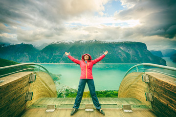 Tourist on Stegastein viewpoint, Norway