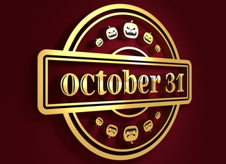 Carved stamp with October 31 and pumpkins icons. 3d rendering. Metallic material. Golden seal