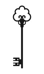 Vintage antique key, black silhouette isolated on white background. Vector