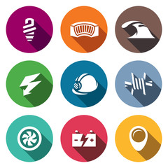 Vector Set of Hydroelectric Station Icons. Lamp, Dam, River, Electricity, Helmet, Barbed Wire, Turbine, Battery, Pointer.