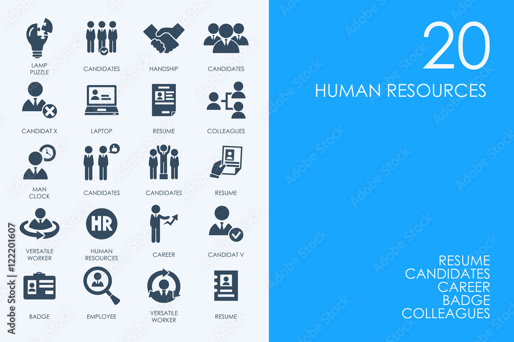 Poster set of blue hamster library human resources icons