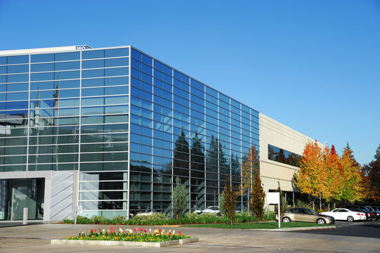 modern industrial building exterior and landscaping