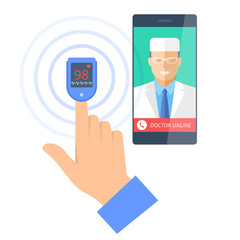 Smart phone with male doctor online on the screen and pulsometer on a finger. Telemedicine flat concept illustration of smartphone, medic and hand with cardiosensor. Vector design infographic element.