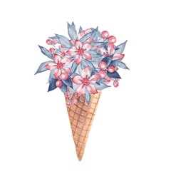 Ice cream cone with flowers. Watercolor illustration, isolated on white 2