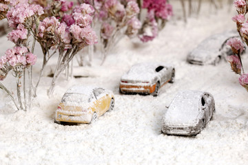 Car on the road with heavy snow.