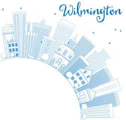 Outline Wilmington Skyline with Blue Buildings and Copy Space.