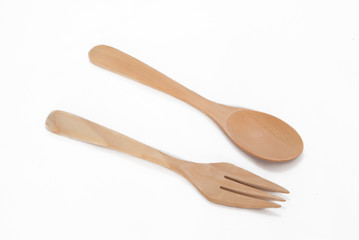 spoon and fork wood isolated on white background