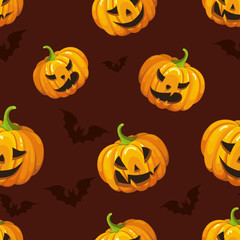 Brown seamless background with orange pumpkins and bats. Vector illustration. Picture for Halloween.