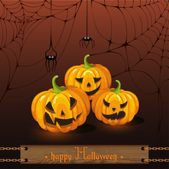 Greeting card Halloween. Brown background with orange pumpkins, cobwebs, spiders, and an inscription on a wooden Board : happy Halloween. Vector illustration.