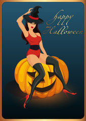 Greeting card Halloween. The woman is a witch sitting on a huge orange pumpkin.
