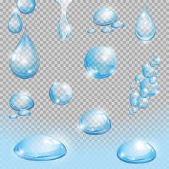Set of transparent water drops. Set of water design elements. Vector illustration.