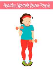 Flat Healthy Lifestyle Vector People Illustration with Heavy Fat Overweight Woman Wearing Sportswear, Exercising with Dumbbells. Isolated Colorful Weight Loss Illustration