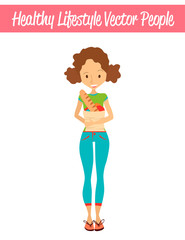 Flat Healthy Lifestyle Vector People Illustration with Beautiful Slim Woman Wearing Sportswear and Holding a Bag of Healthy Food. Isolated Colorful Sport Illustration