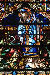 Fototapeta na wymiar Le pape Saint-Clément de Metz. Stained glass windows by Frantz Mayer de Munick 1884. Chapel of Notre Dame de la Ronde. St. Stephen of Metz Cathedral. ..