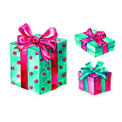 Watercolor Christmas set with presents, gift boxes, isolated.
