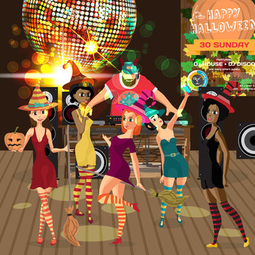 Vector Halloween party invitation disco style. Club, dj with sou