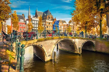 Door stickers Amsterdam Bridges over canals in Amsterdam at autumn