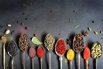Food background with old vintage spoons and spices