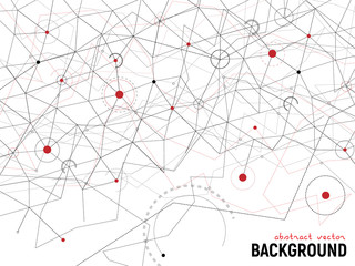 Abstract gray and red background. Vector lines and dots on white surface with some circles and arcs. Points with connections - space map. Futuristic science illustration.