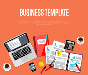 Business template. Top view office workspace, vector illustration. Business workplace with laptop, smartphone, financial documents, cup of coffee and other objects on red background.