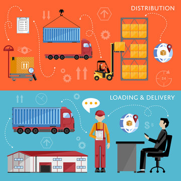 Warehouse process infographics. Porter on a truck to ship the goods. Warehouse management concept flat design vector illustration. Shipment and delivery banners set.