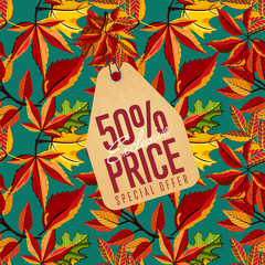 Autumn seasonal sale badge, vector illustration. Exclusive price, special offer label in vintage style on background of colorful autumn leaves. Autumnal discount template.