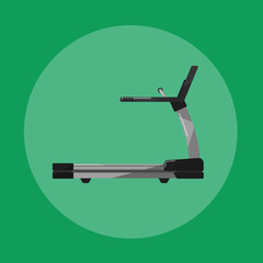 Vector illustration of gym sports equipment icon. Black treadmill isolated on green background. Cardio running training. Active sport lifestyle. Stationary exercise machine.