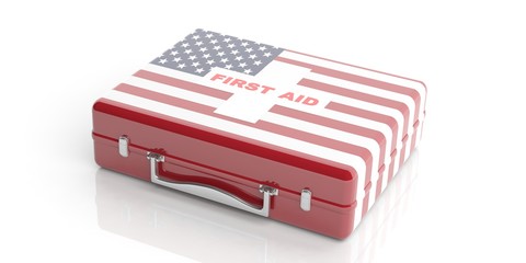 USA flag first aid kit on white background. 3d illustration