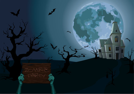 Halloween night: moon beautiful castle chateau zombie hands holding old wooden plank with text party scary trees bat rearmouse. Vector horizontal closeup side view sign illustration celebrate holiday
