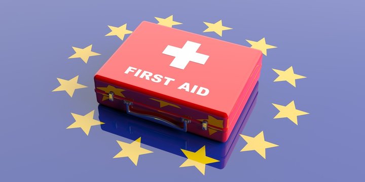 First aid kit on EU flag background. 3d illustration