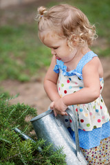 diligent pretty little girl watering flowers in summer garden.