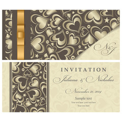 Wedding Invitation cards in an vintage-style gold and brown. Valentine. Invitation card with gold  hearts.