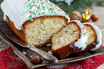 Piece of cake with frosting close-up.